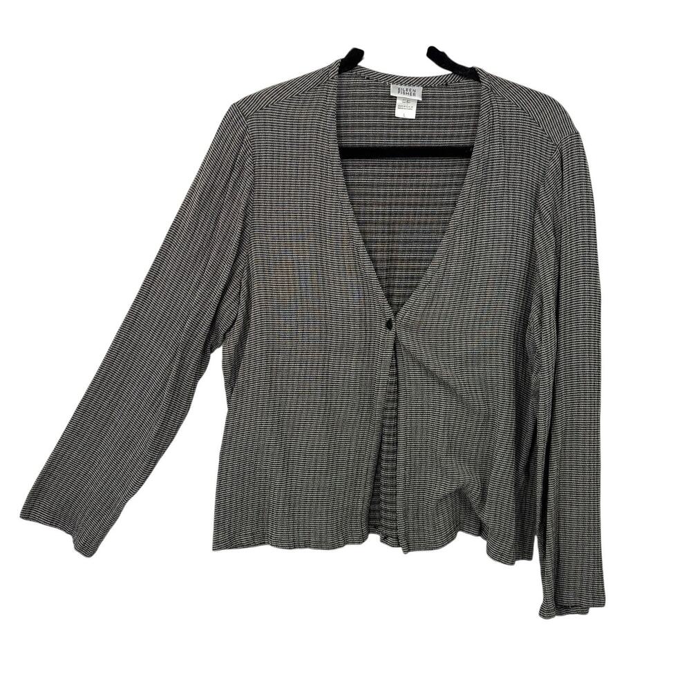 Eileen Fisher Button up Top Large Black Gray Woven Minimalist Vintage Classic